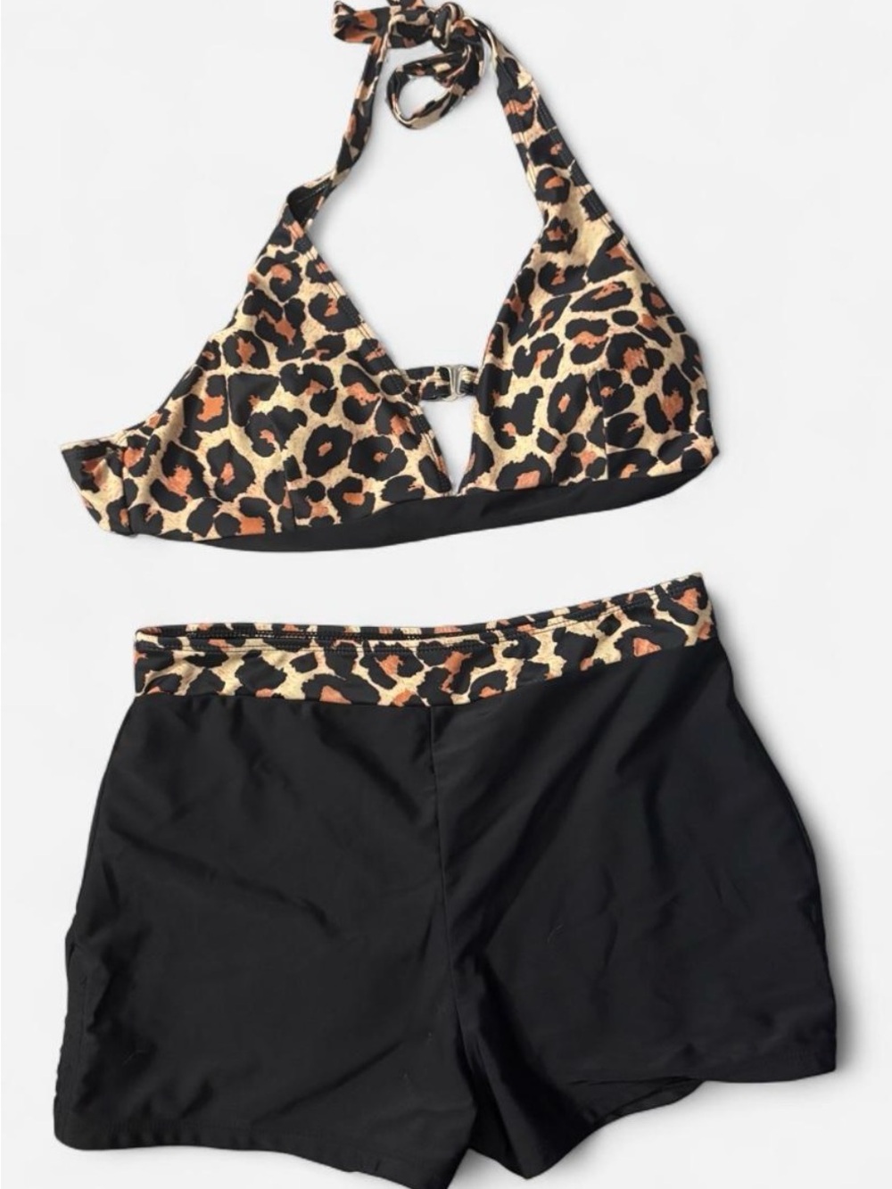 Amazon Leopard Print Halter Bikini Top with Black Swim Shorts
